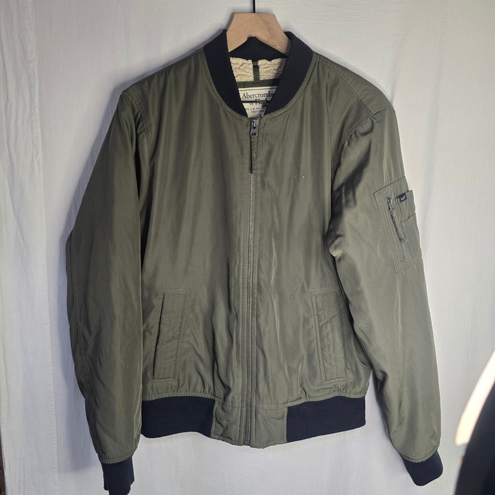 Abercrombie & Fitch Sherpa Lined Bomber Jacket Mens Small Olive Green Polyester